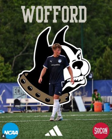 Soccer player on field with Wofford's dog mascot logo behind him.