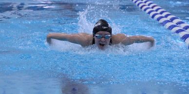Swimmer performing butterfly stroke in a pool lane.
