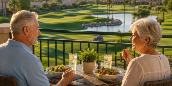 Senior couple enjoying fresh home-cooked meals in Mesquite, Nevada.