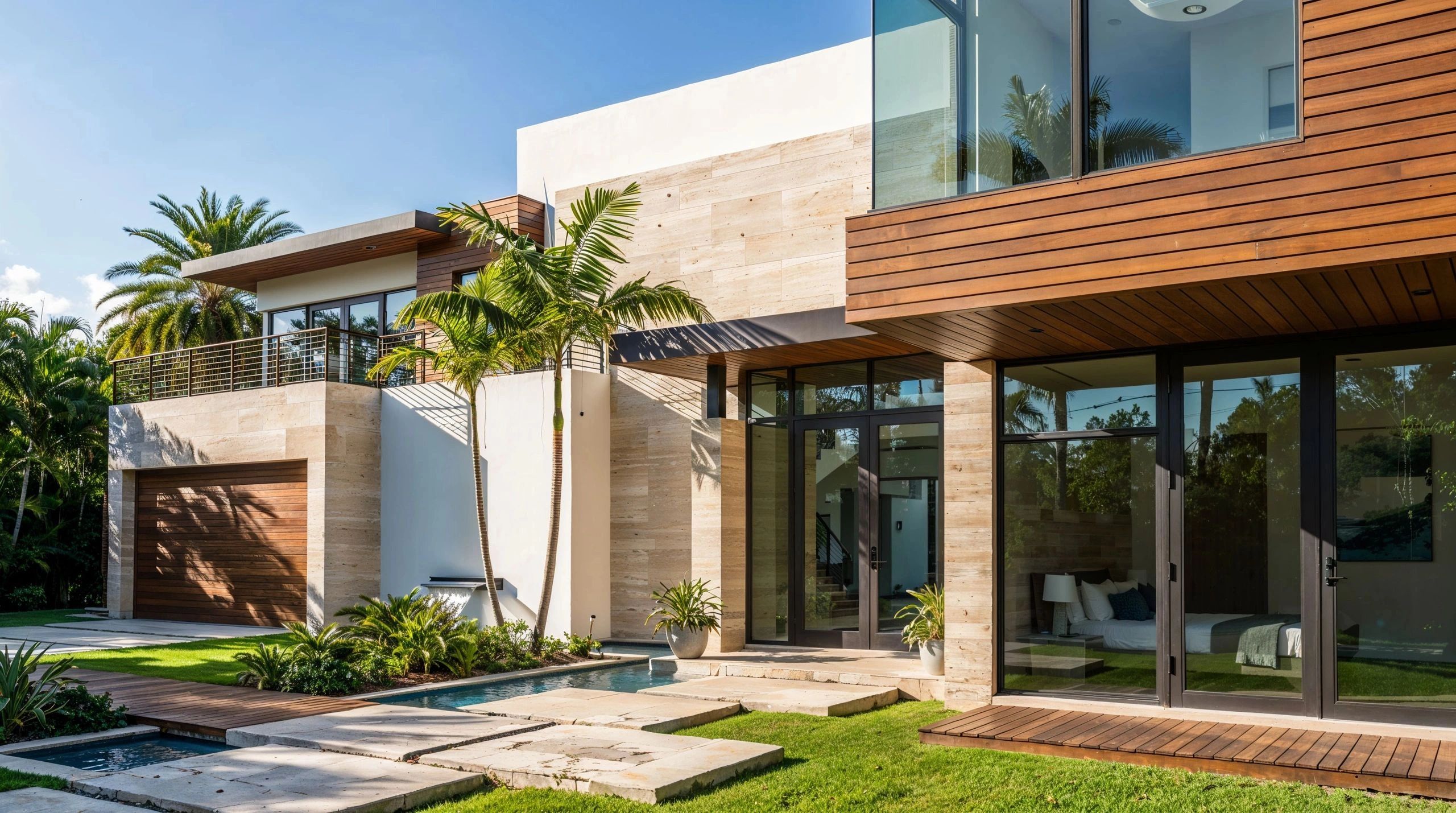 Casa moderna con piscina y palmeras.