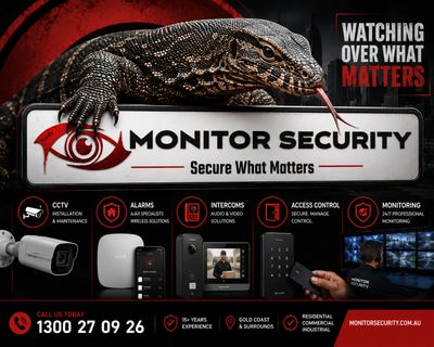 Monitor Security ad featuring a monitor lizard and security equipment.