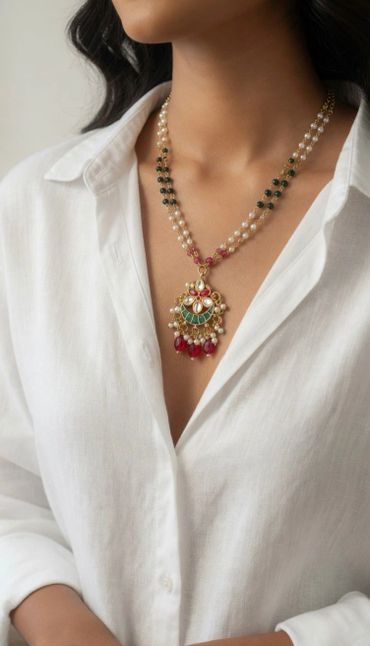 Elegant necklace with pearls and colorful gemstones worn with a white shirt.