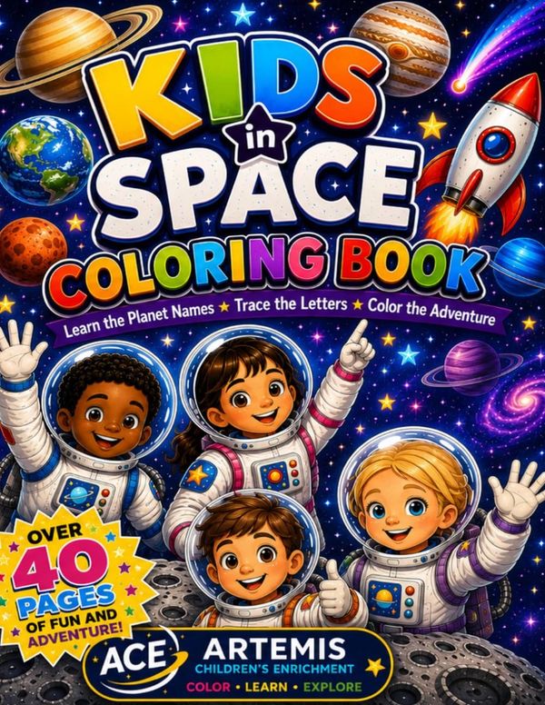 Kids in Space Coloring Book cover with cartoon astronauts and planets.