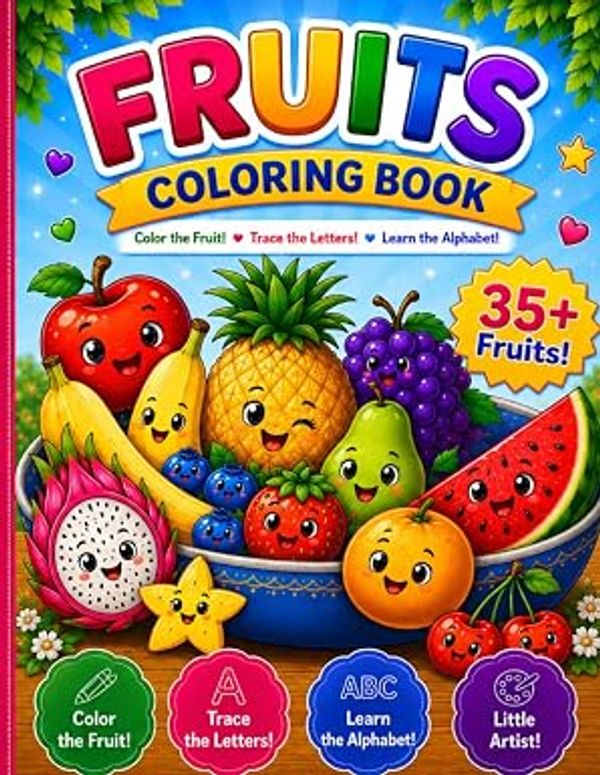 Colorful fruits on a kids' coloring book cover.