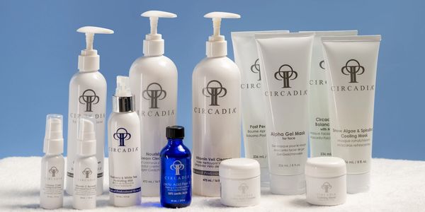 Circadia skincare products arranged on a white surface with a blue background.