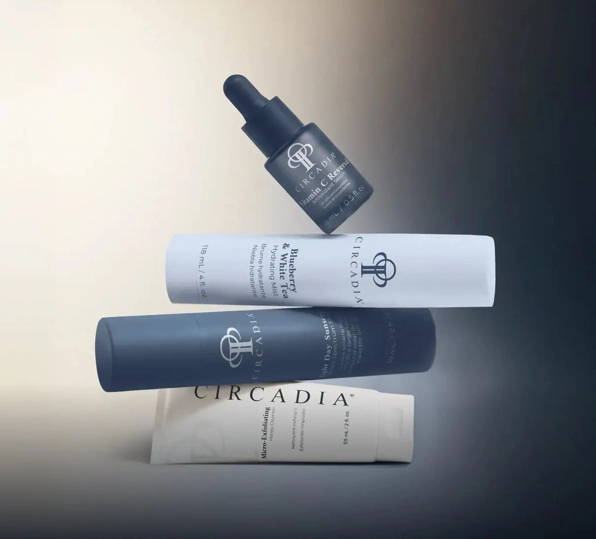 Four Circadia skincare products arranged artistically with balanced lighting.
