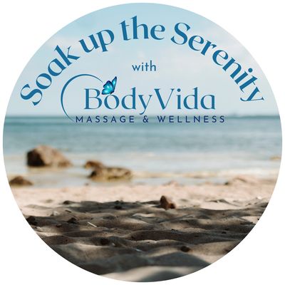 Relaxing beach scene promoting BodyVida Massage &amp; Wellness serenity.