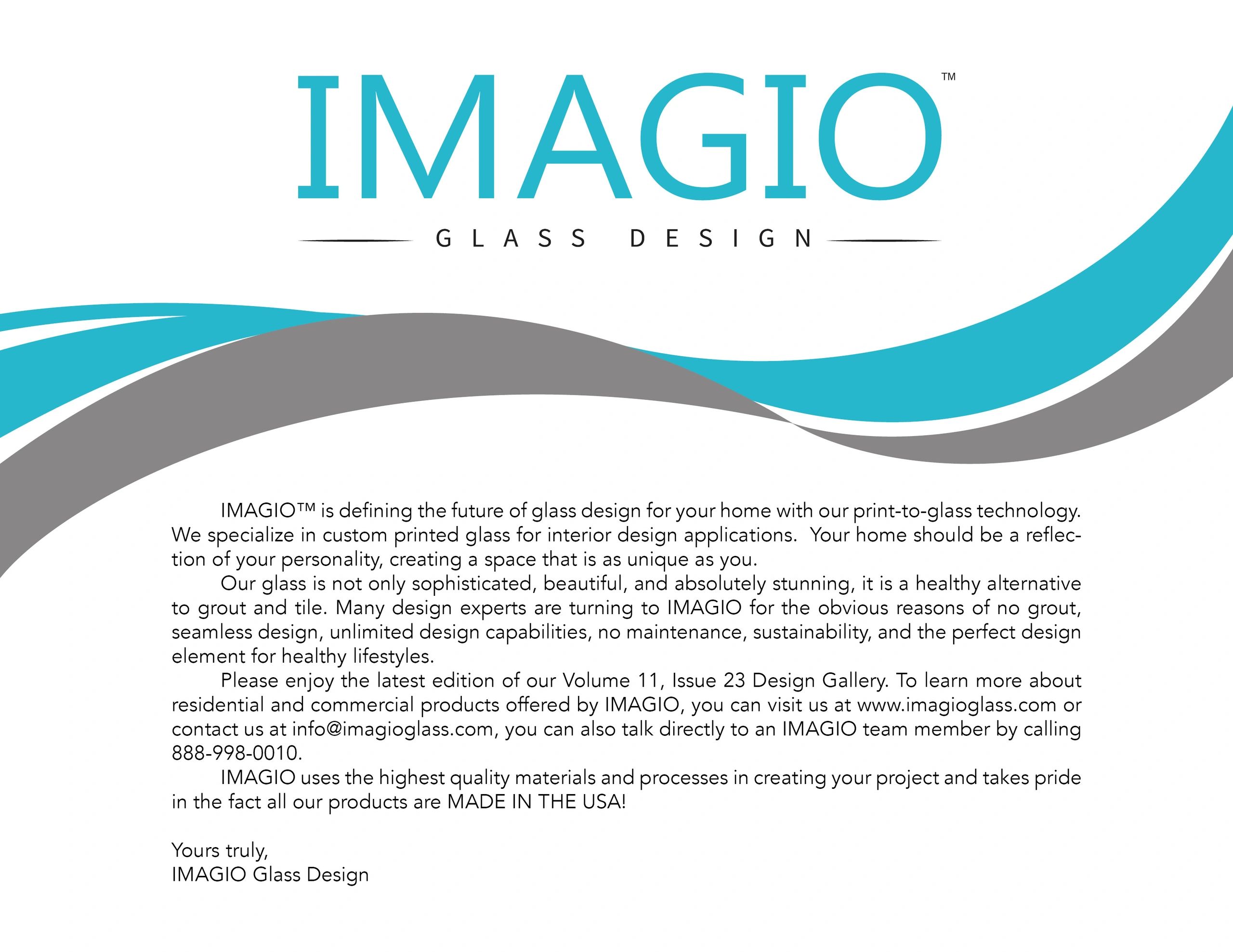 IMAGIO Glass Design logo with a message about their custom print-to-glass technology and contact info.