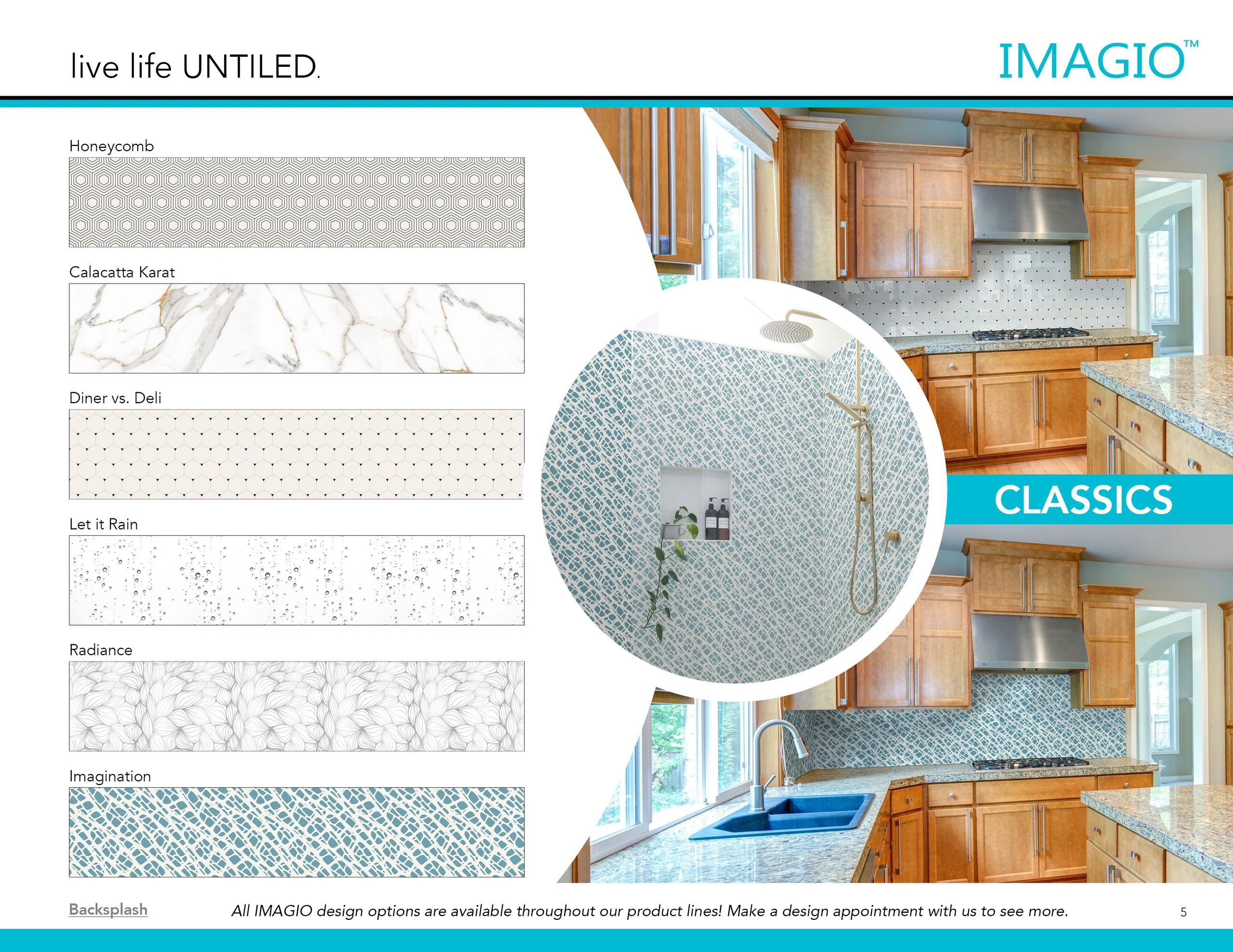 Kitchen and shower backsplash design options from IMAGIO's Classics collection.