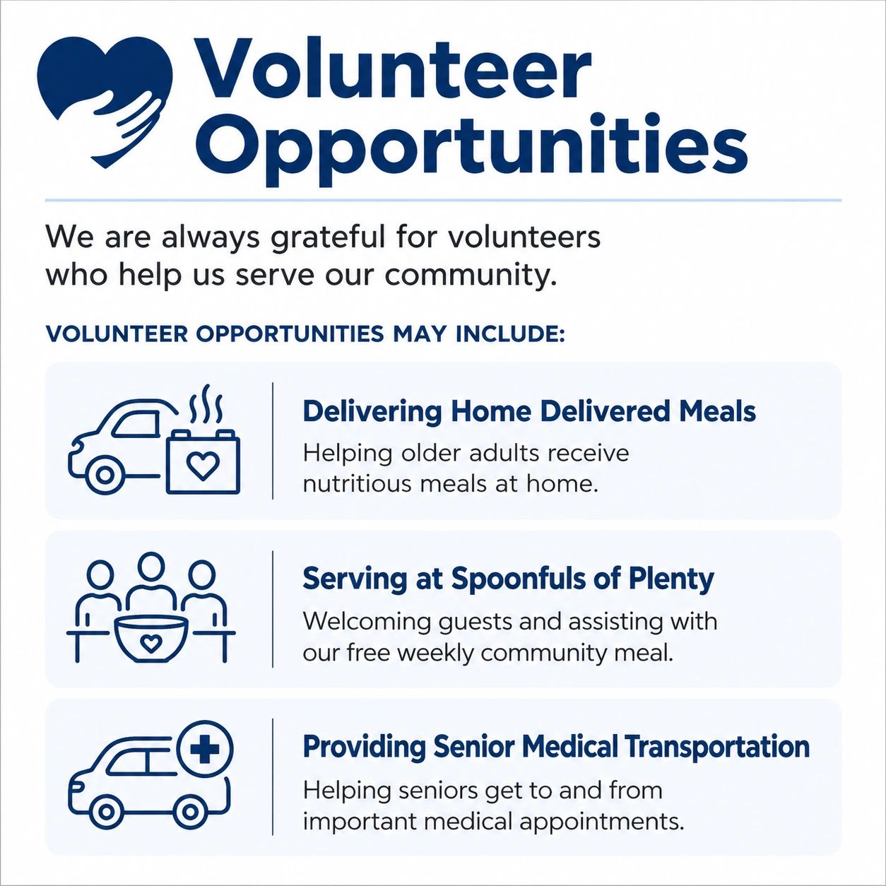 Volunteer Opportunities available at HDC call 800-843-6394