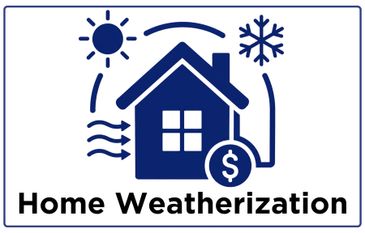 Icon of a house with sun, snowflake, and dollar sign for home weatherization.