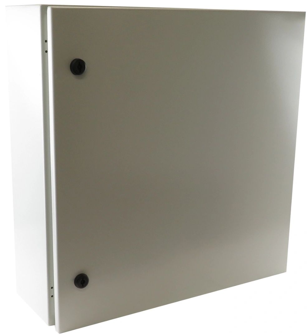 A plain metal electrical enclosure box with two locks.