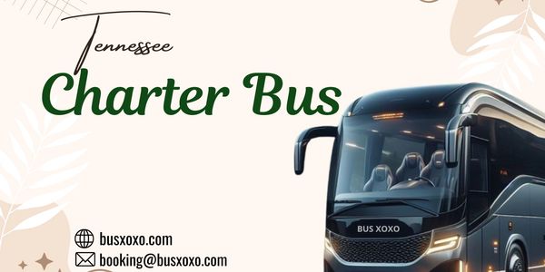 Tennessee Charter Bus service advertisement with contact details and a sleek bus image.