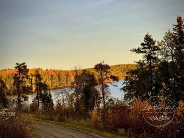 A serene lakeside road surrounded by autumn trees at sunset.
