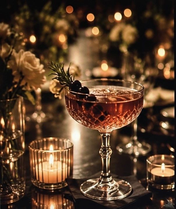 Elegant cocktail with cherry garnish and candlelight ambiance.