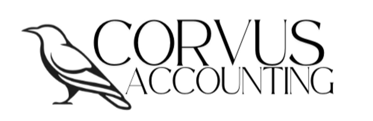 Minimalist black raven logo for Corvus Accounting LLC, professional accounting firm. 