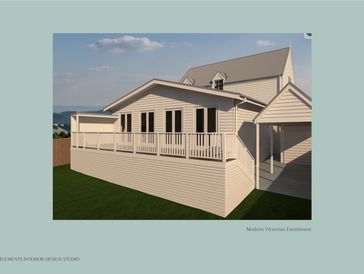 Modern Victorian farmhouse with white weatherboard , gabled rooflines,  a large elevated verandah.”
