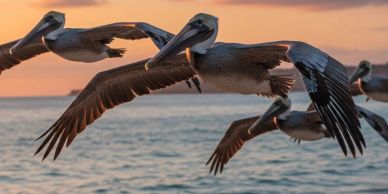 Pelicans flying over the ocean at sunset.