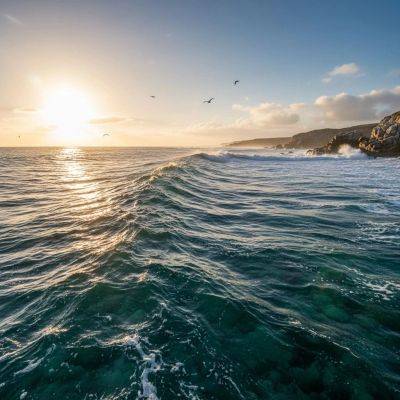 Sunset over ocean waves with birds flying.