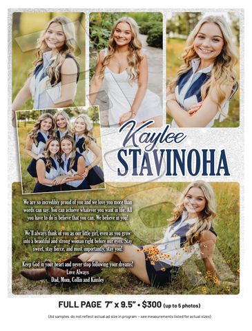 A collage celebrating Kaylee Stavinoha with multiple portraits and a heartfelt message.