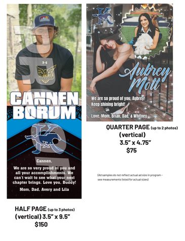 Two vertical ad samples for Cannen Borum and Aubrey Mott with photos and congratulatory messages.
