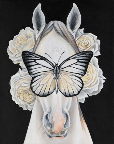 White horse on black background with roses and white butterfly