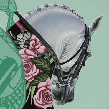 Gray Dressage horse and rider with a mint colored background and pink roses.