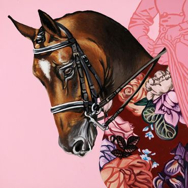 Bay Dressage horse on a pink background with flowers.