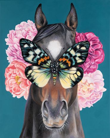 Bay horse on teal background with flowers and butterfly