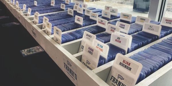 Rows of baseball cards organized in a display.