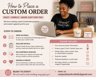 Woman explaining how to place a custom order for handmade products.