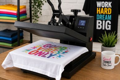 T-shirt printer printing a colorful design.