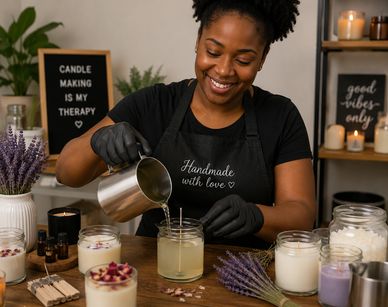 Woman happily pouring wax to make candles.