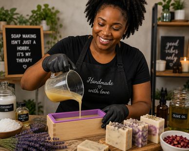 Woman pouring soap mixture into mold, smiling.