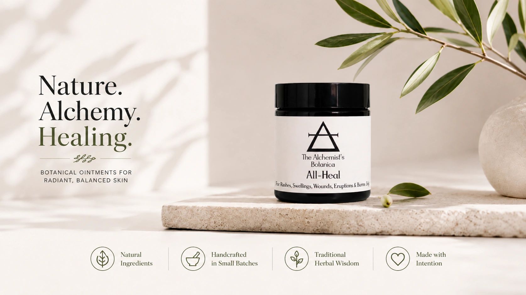 Natural botanical ointment for skin healing and balance, handcrafted in small batches using traditional herbal ingredients and plant-based remedies.