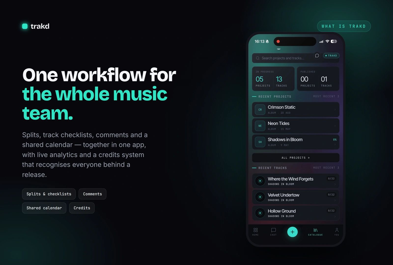 Trakd app offers one workflow for the whole music team with splits, checklists, comments, and a shared calendar.