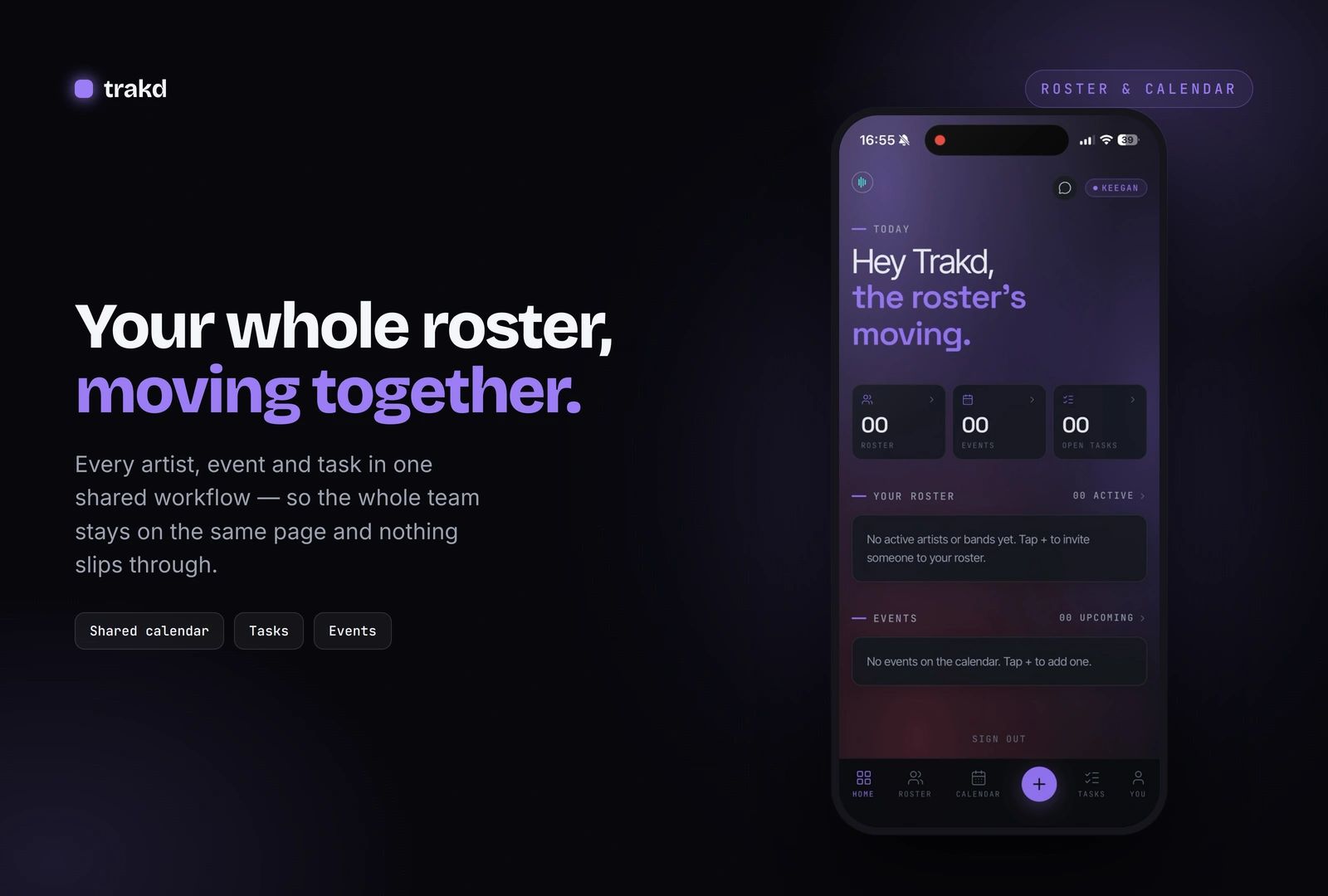 App interface showing a shared roster and calendar for artists, events, and tasks.