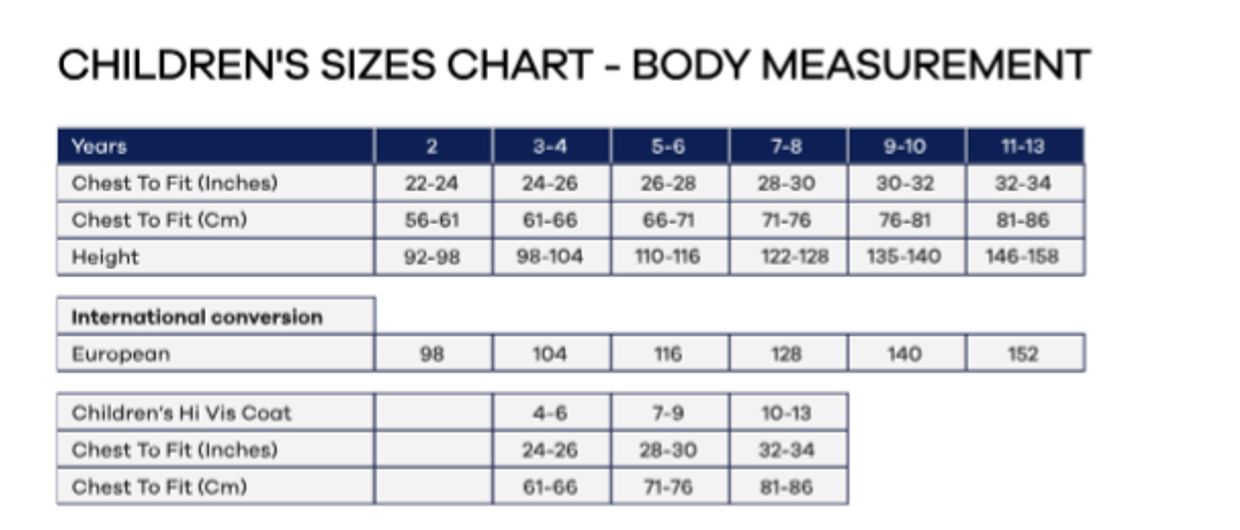 Children's size chart showing chest and height measurements by age.