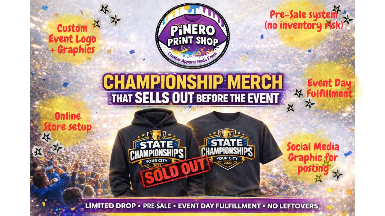 Championship merch that sells out before the event with custom logos and pre-sale system.