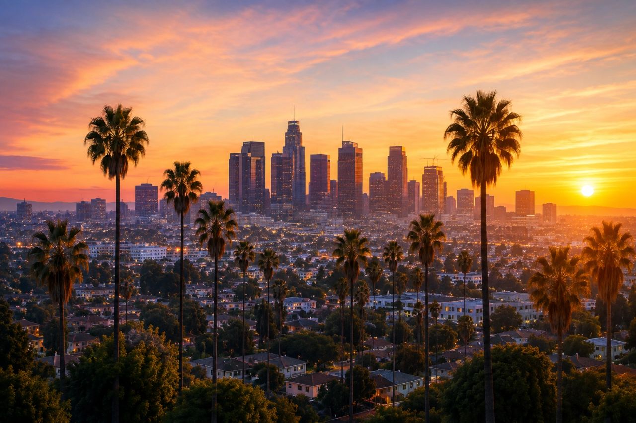 Los Angeles skyline at sunset