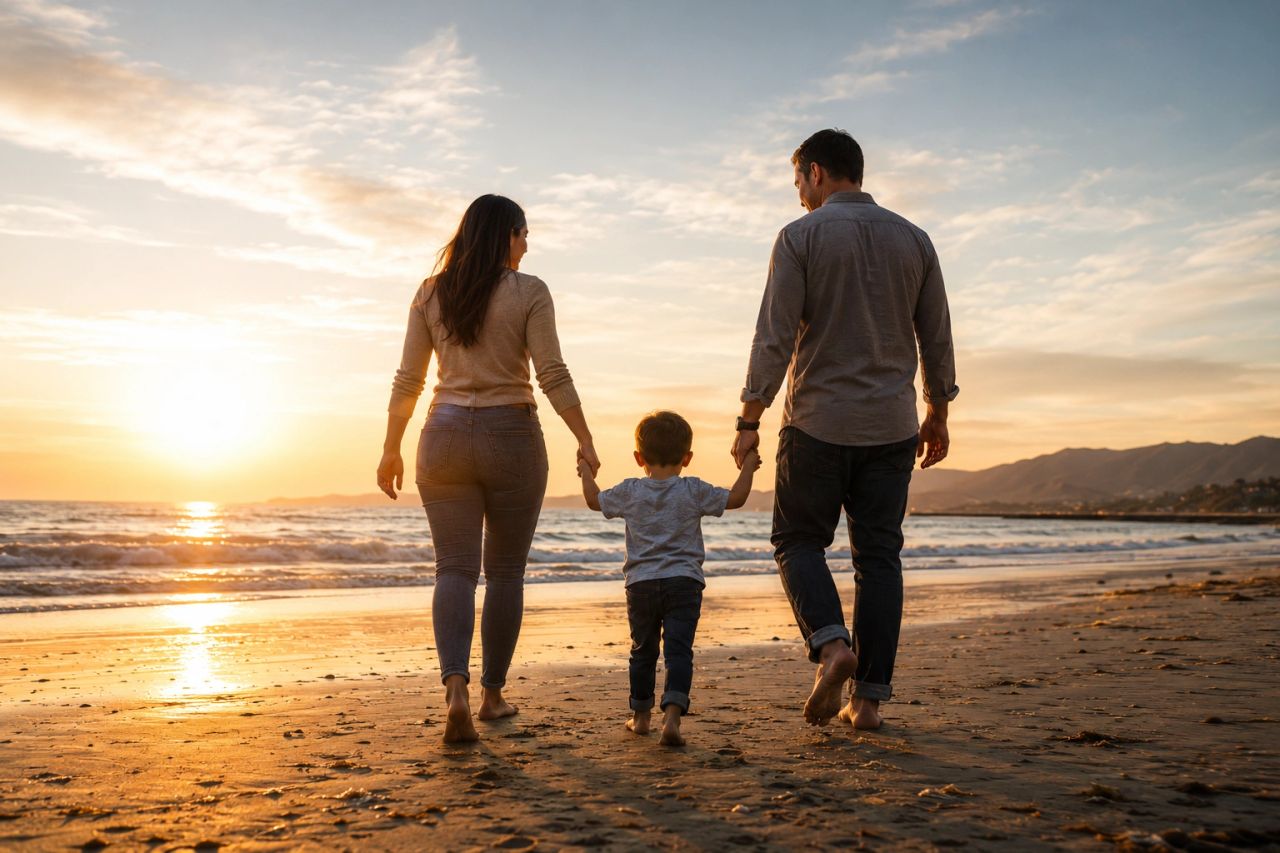 Family walking together on a California beach