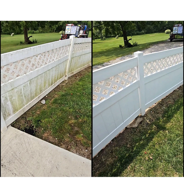 vinyl fence soft wash pressure wash clean green algae on fence