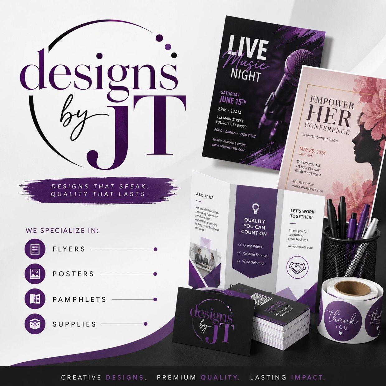 Branding materials for Designs by JT in purple and black theme.