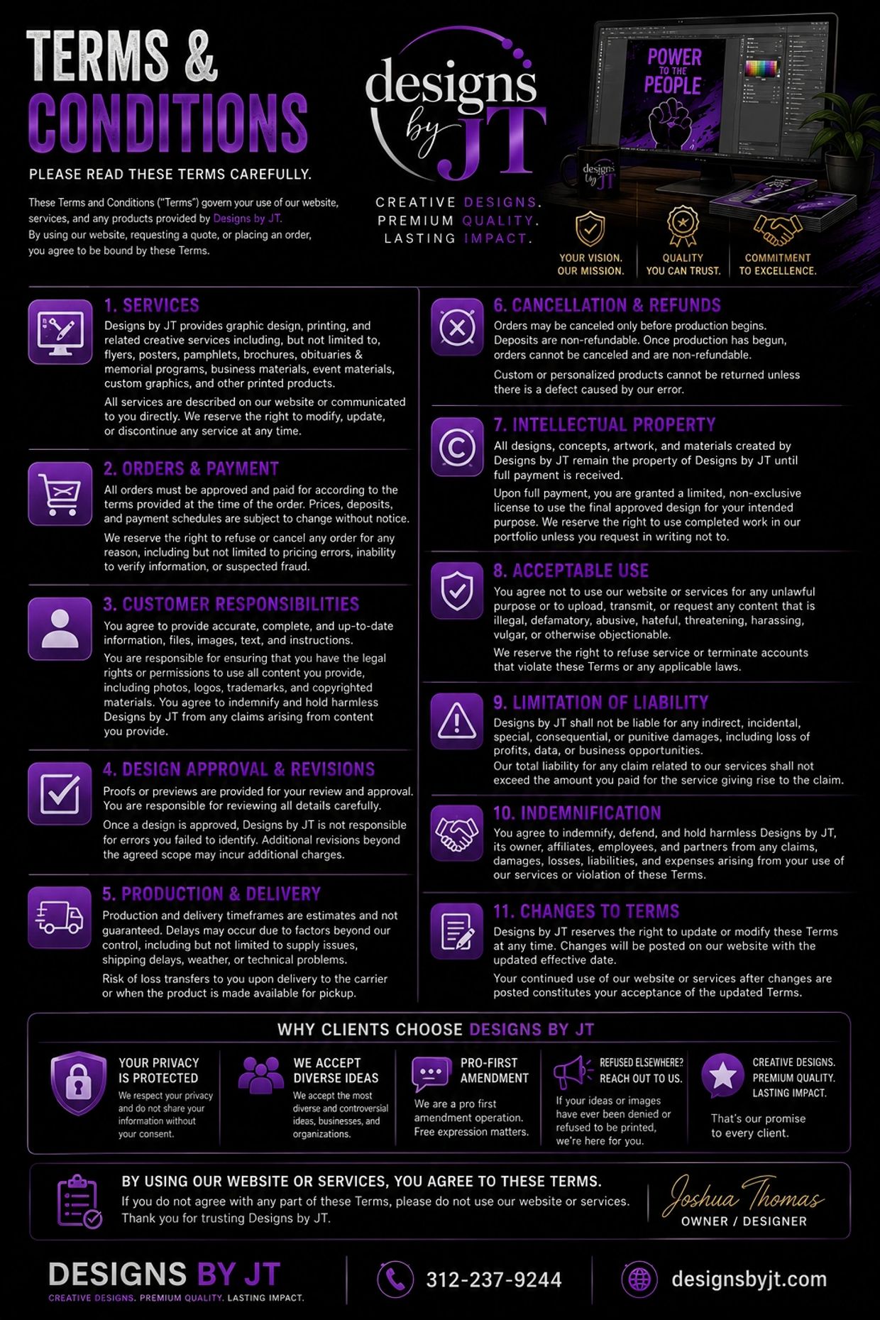Terms and conditions for Designs by JT with detailed service policies.