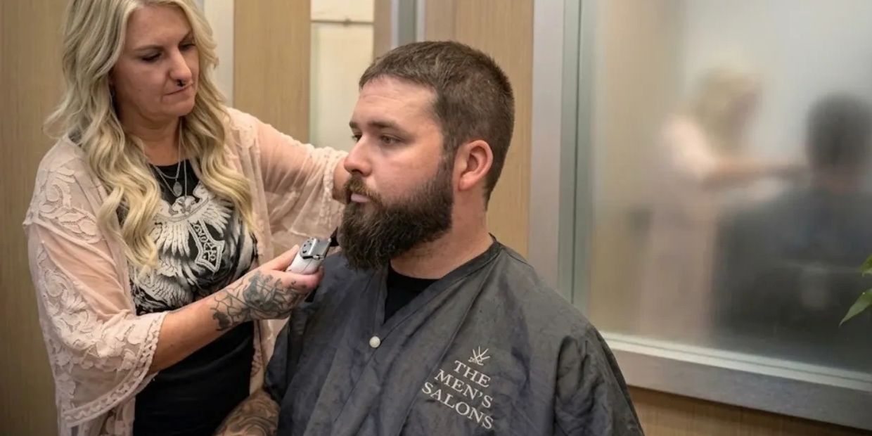 A woman trims a man's beard with clippers.