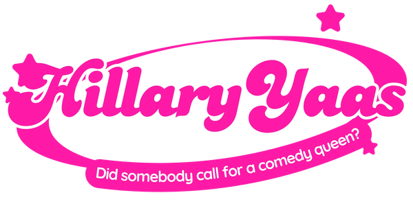 Logo reading 'Hillary Yaas' with a tagline about a comedy queen.