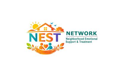 Colorful abstract logo with text and arrows.