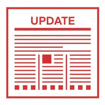 Red update icon resembling a newspaper with text lines and blocks.