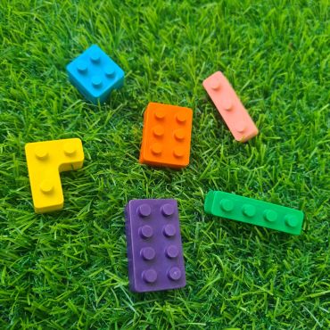 Colorful building blocks scattered on grass.