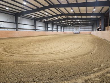 Indoor equestrian arena with freshly groomed dirt floor under metal roof.